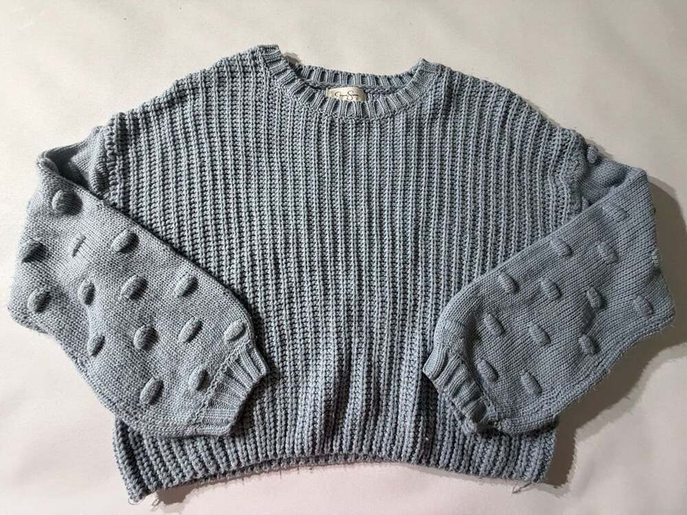 Jessica Simpson S Blue Chunky Knit Sweater Pom Pom Sleeve Cozy